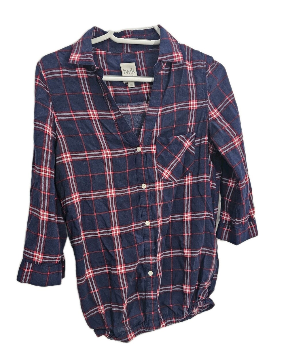 Twik Small Womens ShirtNavy Blue Plaid Button Down Long Sleeve Collared